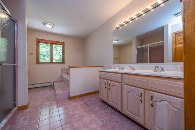 253 W Main St, Stony Point, NY 10980 - full bathroom featuring a baseboard radiator, double vanity, a shower stall, tile patterned floors, and a garden tub