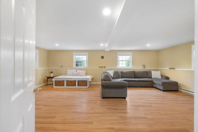 1 Red Fox Ln, Brewster, NY 10509 - living room featuring a baseboard radiator, light wood finished floors, beamed ceiling, baseboards, and recessed lighting