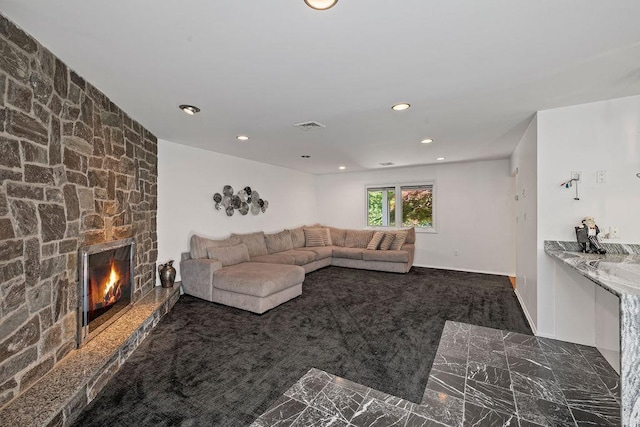 8 Beaumont Dr, New City, NY 10956 - living room featuring recessed lighting, marble finish floors, a fireplace, and carpet