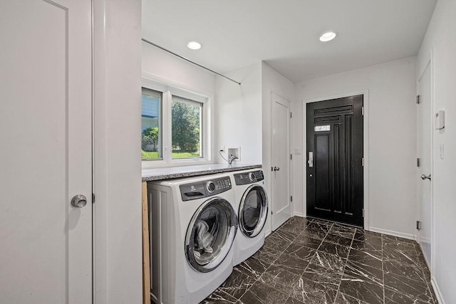 8 Beaumont Dr, New City, NY 10956 - laundry area featuring washer and dryer, dark marble finish floors, baseboards, and recessed lighting