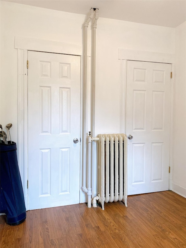 interior space featuring radiator heating unit and wood finished floors