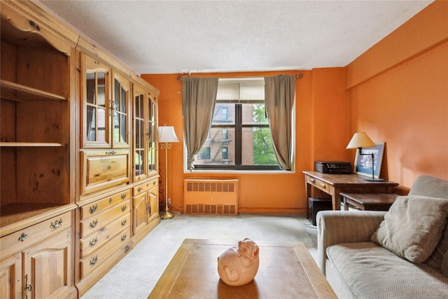 139-15 83rd Ave Unit 409, Briarwood, NY 11435 - living area featuring radiator, a textured ceiling, light colored carpet, and baseboards