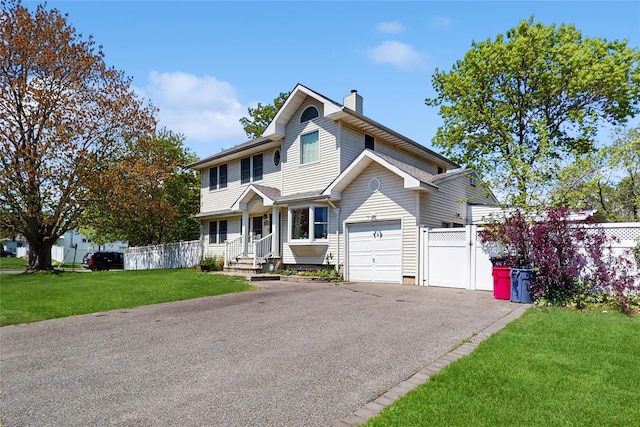 1079 Candlewood Rd, Brentwood, NY 11717 - traditional home featuring an attached garage, a chimney, and asphalt driveway