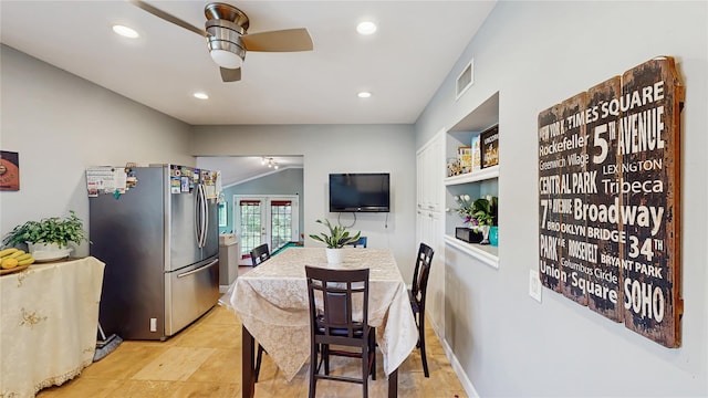1079 Candlewood Rd, Brentwood, NY 11717 - dining space with ceiling fan, french doors, recessed lighting, and built in features