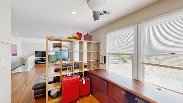 1079 Candlewood Rd, Brentwood, NY 11717 - office area with a ceiling fan, light wood-style flooring, and recessed lighting