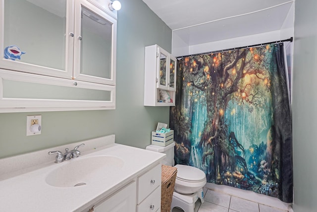 full bathroom with tile patterned floors, toilet, vanity, and a shower with curtain