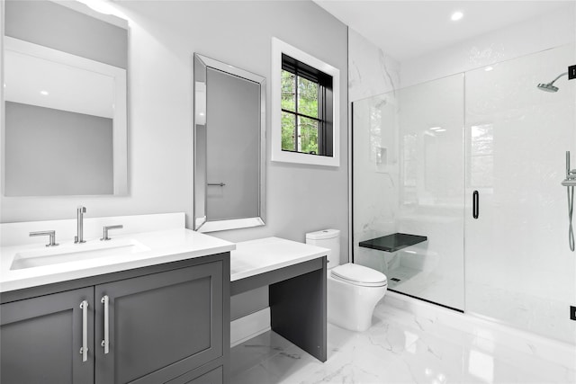bathroom featuring toilet, a marble finish shower, marble finish flooring, vanity, and recessed lighting