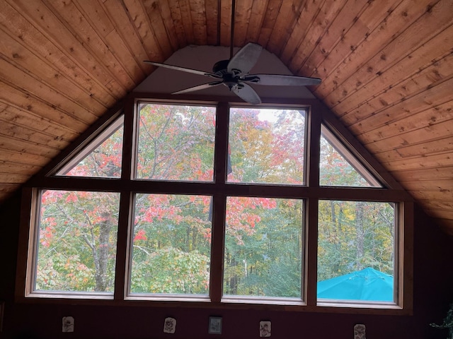 detailed view of wooden ceiling and ceiling fan