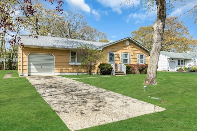 12 Harvard Dr, Hampton Bays, NY 11946 - ranch-style home featuring a garage, driveway, a front yard, and roof with shingles