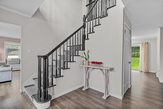 8 Red Oak Ct, Middletown, NY 10941 - stairway with plenty of natural light, ornamental molding, wood finished floors, baseboards, and cooling unit