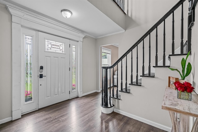 8 Red Oak Ct, Middletown, NY 10941 - entryway featuring ornamental molding, baseboards, wood finished floors, and stairs