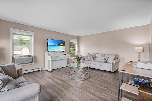 8 Red Oak Ct, Middletown, NY 10941 - living room with wood finished floors, baseboard heating, plenty of natural light, crown molding, and cooling unit