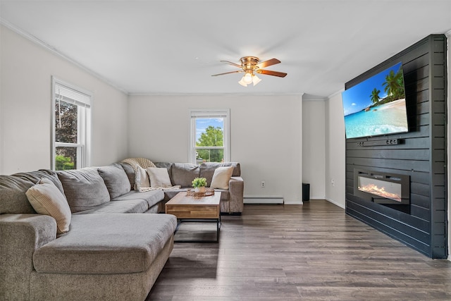 8 Red Oak Ct, Middletown, NY 10941 - living area with crown molding, baseboard heating, a large fireplace, wood finished floors, and a ceiling fan