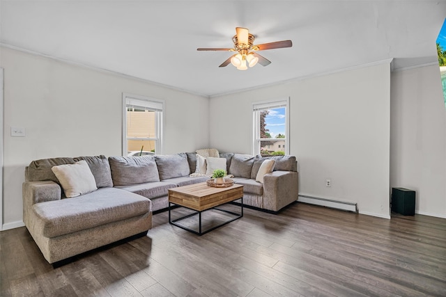 8 Red Oak Ct, Middletown, NY 10941 - living area with baseboard heating, a ceiling fan, wood finished floors, baseboards, and crown molding