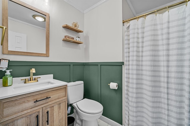 8 Red Oak Ct, Middletown, NY 10941 - full bathroom featuring ornamental molding, a decorative wall, toilet, vanity, and wainscoting