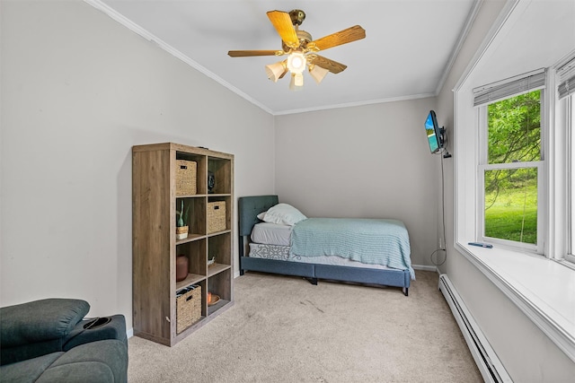 8 Red Oak Ct, Middletown, NY 10941 - carpeted bedroom with a baseboard radiator, ornamental molding, ceiling fan, and baseboards