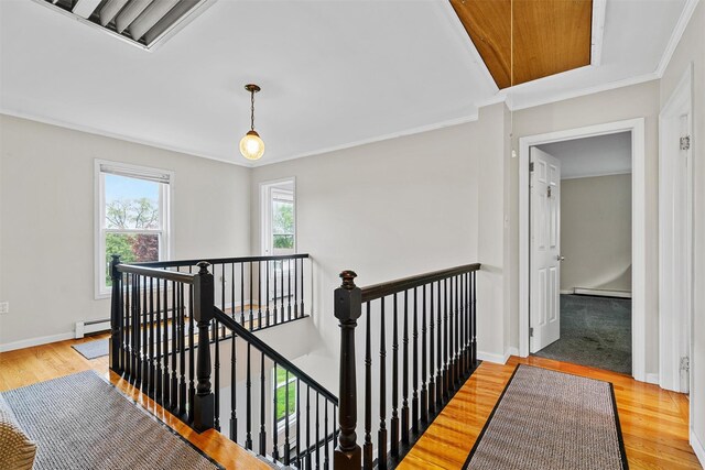 8 Red Oak Ct, Middletown, NY 10941 - hallway featuring an upstairs landing, a baseboard radiator, ornamental molding, light wood-type flooring, and baseboards