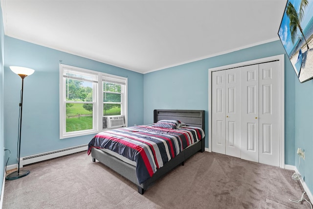 8 Red Oak Ct, Middletown, NY 10941 - carpeted bedroom featuring a baseboard heating unit, ornamental molding, a closet, baseboards, and cooling unit