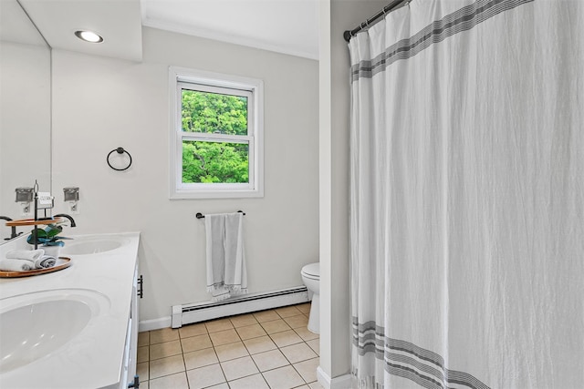 8 Red Oak Ct, Middletown, NY 10941 - bathroom with a baseboard radiator, toilet, tile patterned flooring, baseboards, and double vanity