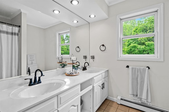 8 Red Oak Ct, Middletown, NY 10941 - full bathroom featuring baseboard heating, tile patterned floors, crown molding, double vanity, and baseboards