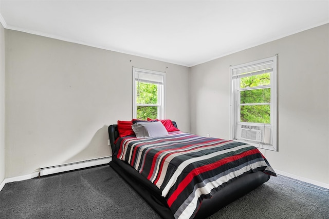 8 Red Oak Ct, Middletown, NY 10941 - carpeted bedroom with baseboard heating, cooling unit, crown molding, and baseboards