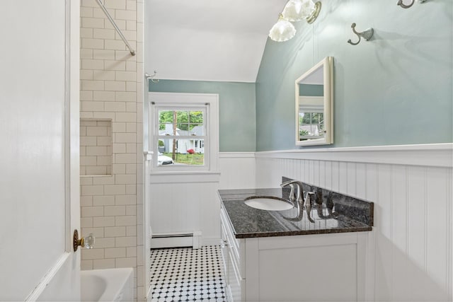 803 Oakwood Dr, Peekskill, NY 10566 - full bathroom with baseboard heating, vanity, a wainscoted wall, and shower / washtub combination