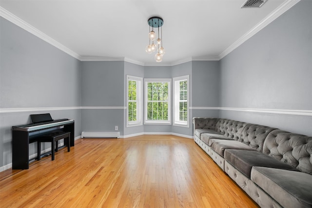 9 Hill Rd, Washingtonville, NY 10992 - living area featuring a baseboard radiator, wood finished floors, baseboards, and crown molding