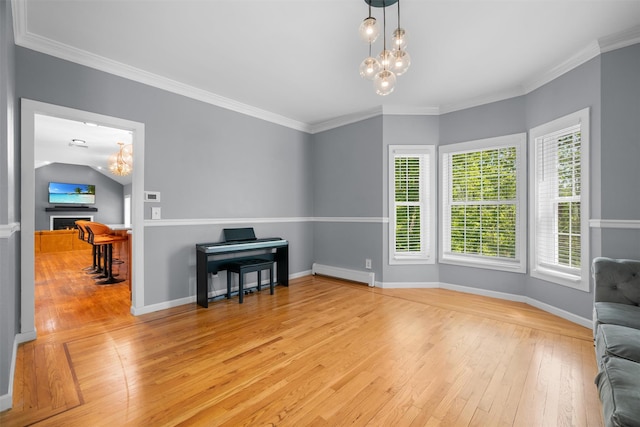 9 Hill Rd, Washingtonville, NY 10992 - spare room featuring a baseboard radiator, a chandelier, light wood finished floors, baseboards, and crown molding