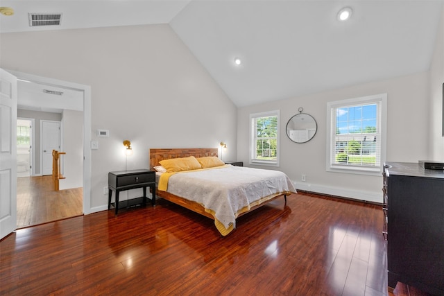 9 Hill Rd, Washingtonville, NY 10992 - bedroom with dark wood-style flooring, high vaulted ceiling, baseboards, and recessed lighting