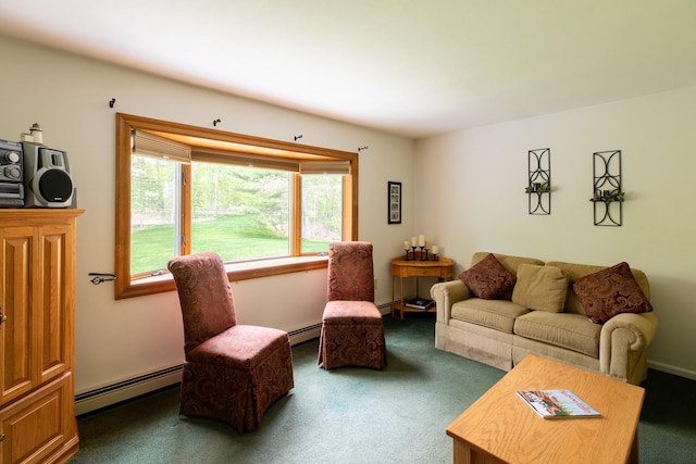 carpeted living area with a baseboard heating unit