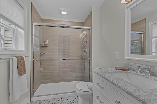 full bath featuring a shower stall, toilet, vanity, and tile patterned flooring