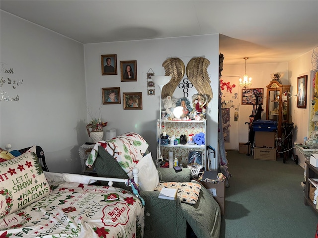 carpeted bedroom with a chandelier