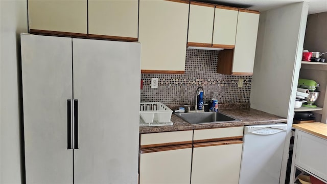 2749 Rte 94, Washingtonville, NY 10992 - kitchen with freestanding refrigerator, dishwasher, a sink, tasteful backsplash, and white cabinets
