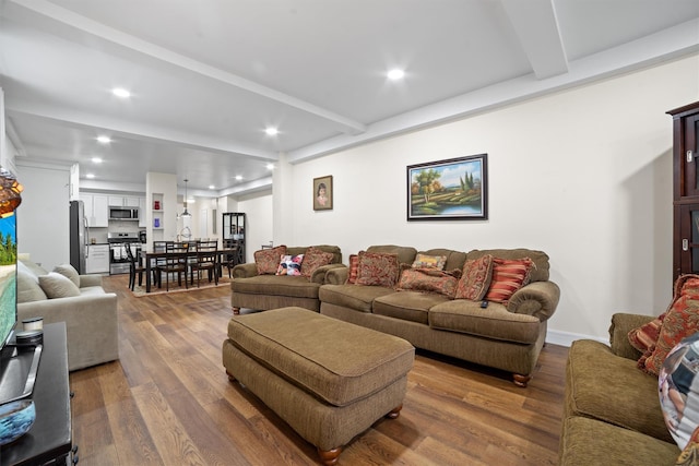 90 Bryant Ave Unit Ftd, White Plains, NY 10605 - living area with beamed ceiling, wood finished floors, and recessed lighting