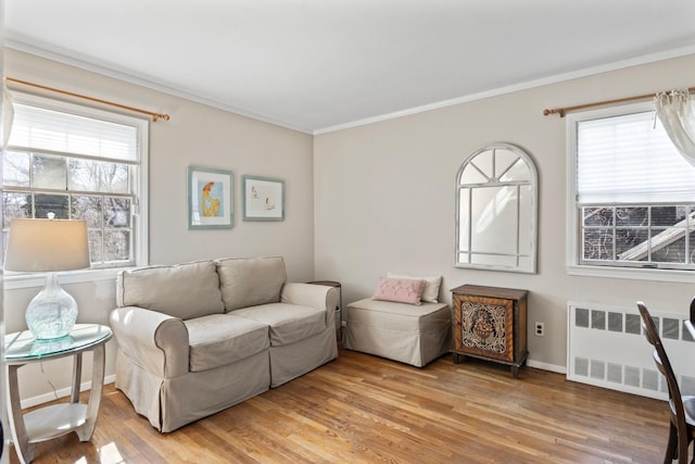 living room with radiator, light wood finished floors, plenty of natural light, crown molding, and baseboards