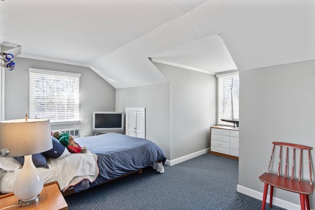 bedroom featuring baseboards, multiple windows, carpet, and vaulted ceiling