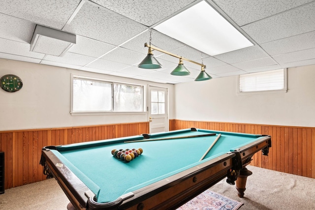 rec room featuring a wainscoted wall, wood walls, carpet floors, pool table, and a paneled ceiling