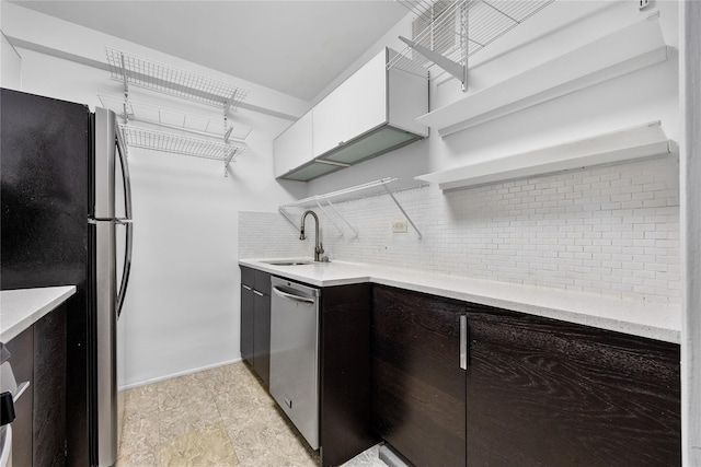 142-05 Roosevelt Ave Unit 331, Flushing, NY 11354 - kitchen with appliances with stainless steel finishes, open shelves, a sink, decorative backsplash, and dark brown cabinets