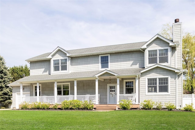 1145 Bay Haven Ln, Southold, NY 11971 - view of front of property with a chimney, covered porch, and a front lawn