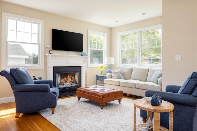 1145 Bay Haven Ln, Southold, NY 11971 - living area featuring wood finished floors, plenty of natural light, a glass covered fireplace, and baseboards