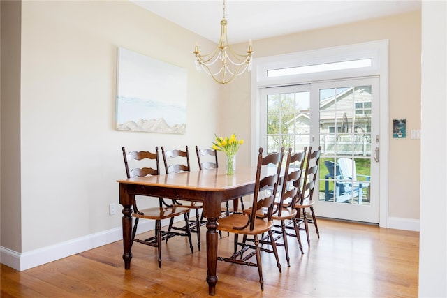 1145 Bay Haven Ln, Southold, NY 11971 - dining space with a chandelier, wood finished floors, and baseboards