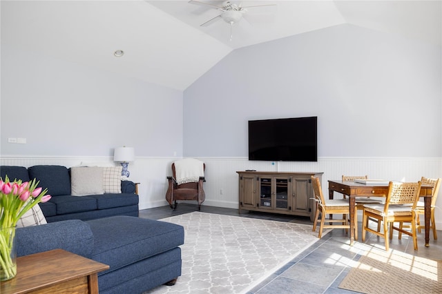 1145 Bay Haven Ln, Southold, NY 11971 - living room featuring wainscoting, vaulted ceiling, and ceiling fan