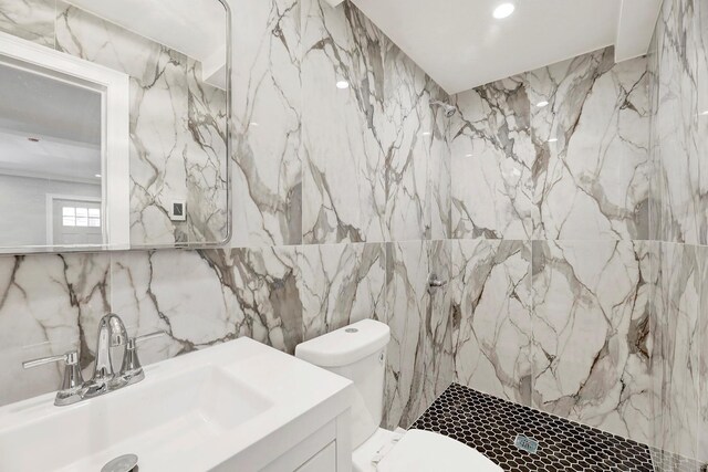 3780 Willett Ave, Bronx, NY 10467 - full bathroom with tile walls, a marble finish shower, toilet, vanity, and recessed lighting