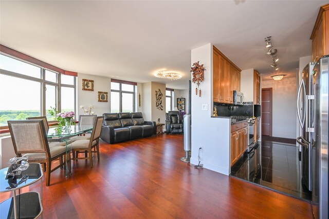 kitchen featuring appliances with stainless steel finishes, brown cabinets, dark wood finished floors, rail lighting, and open floor plan