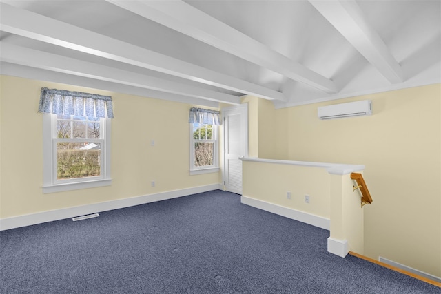 25105 Main Rd, Orient, NY 11957 - unfurnished room with a wall mounted air conditioner, beam ceiling, dark carpet, and baseboards
