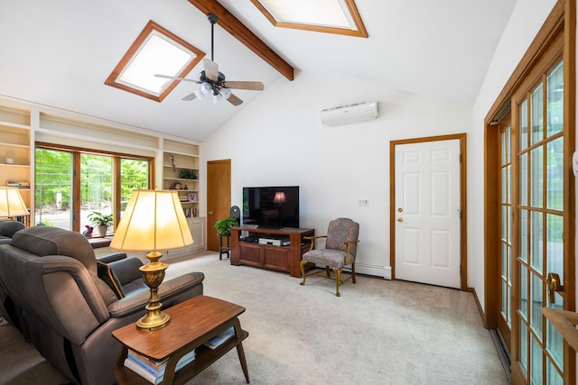 living area with a skylight, light carpet, a ceiling fan, a wall mounted AC, and a baseboard radiator