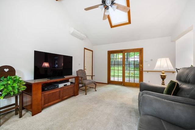 living room with light carpet, high vaulted ceiling, ceiling fan, and an AC wall unit