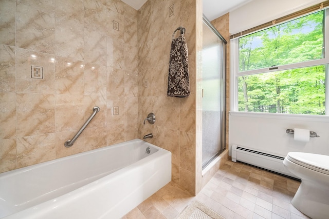 full bathroom featuring toilet, a shower with door, a baseboard heating unit, a bath, and tile patterned flooring