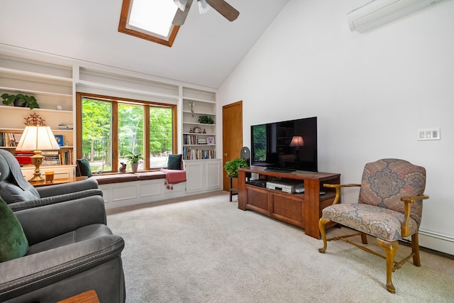 living room with a ceiling fan, a wall mounted AC, carpet flooring, built in shelves, and high vaulted ceiling