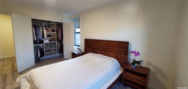 bedroom featuring wood finished floors, a closet, and baseboards